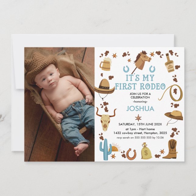Invitation Brown Mon premier rodéo Cowboy Photo 1er anniversa (Devant)