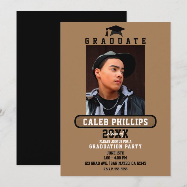 Invitation Brown & Noir Modern School Graduation Party (Devant / Derrière)