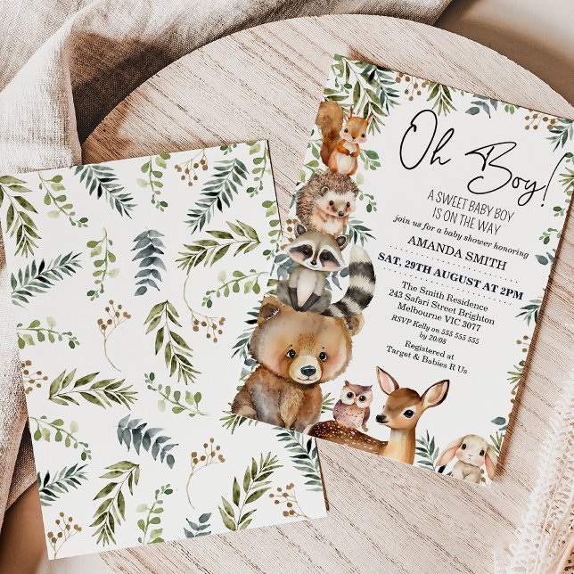 Invitation Brown Oh Boy Woodland Foliing Baby shower (Sweet woodland themed boy's baby shower invitation featuring seven cute animals and some greenery.)