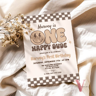 Invitation Brown ONE HEUREUX DUDE Smile Retro Anniversaire Su