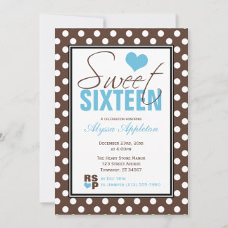 Invitation Brown Polka Dot Bleu Chevron Sweet sixteen