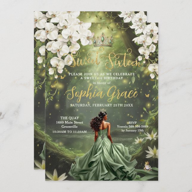 Invitation Brown princesse et grenouille Sage Vert robe douce (Devant / Derrière)