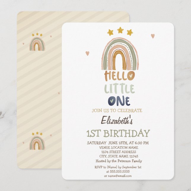 Invitation Brown Rainbow Stripes Hello Little One Birthday (Devant / Derrière)