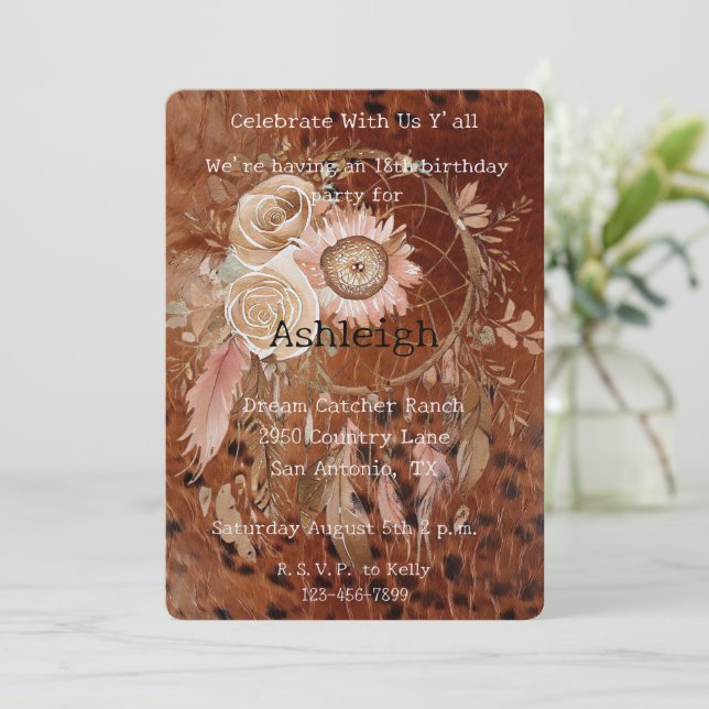 Invitation Brown Rose Blush Floral Drecher Anniversaire (Debout devant)