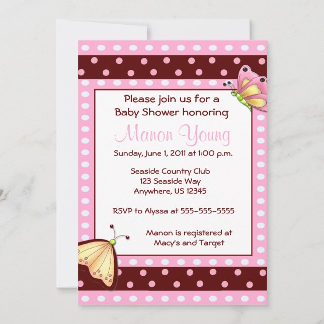 Invitation Brown rose de baby shower de papillon (Devant)