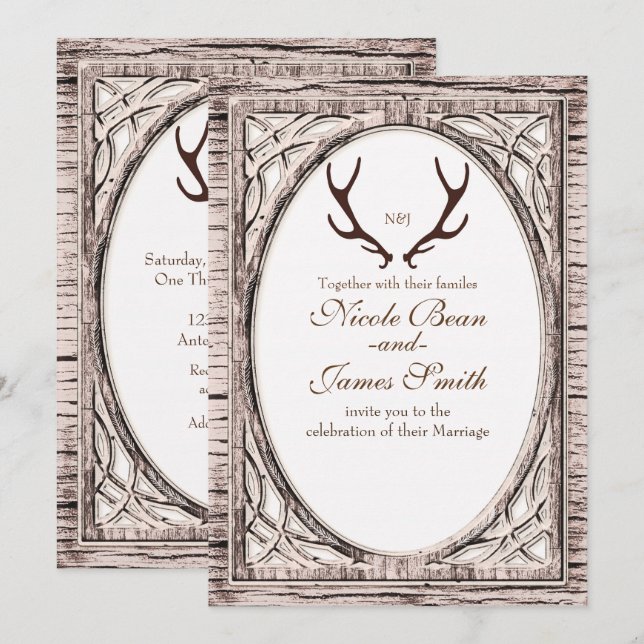 Invitation Brown Rustic Deer Antlers White Wood (Devant / Derrière)