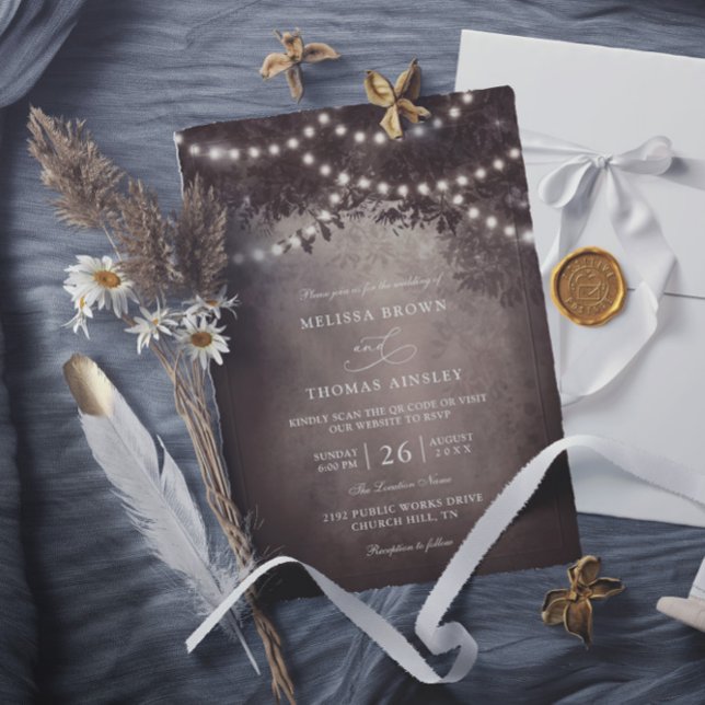 Invitation Brown Rustic Dreamy Budget QR Code Wedding (Créateur téléchargé)