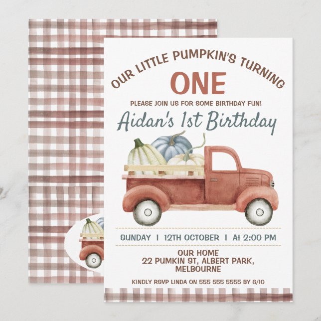 Invitation Brown Rustic Petit Camion Citrouille 1er anniversa (Devant / Derrière)