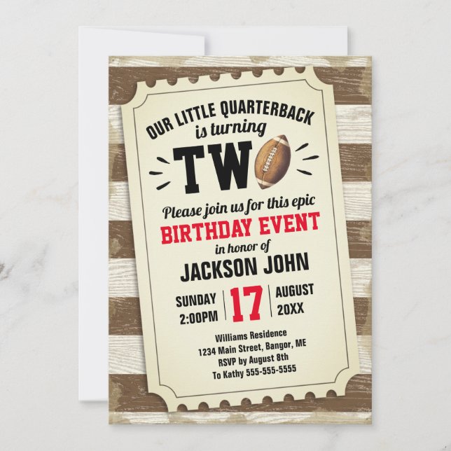 Invitation Brown Rustic pour le 2ème anniversaire de football (Devant)