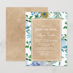 Invitation Brown Rustique Kraft Bleu Baby shower Floral Blanc
