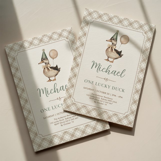 Invitation Brown Sage One Lucky Duck Balloon 1er anniversaire (Créateur téléchargé)