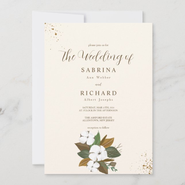 Invitation Brown Simple Et Mariage Floral Crème (Devant)