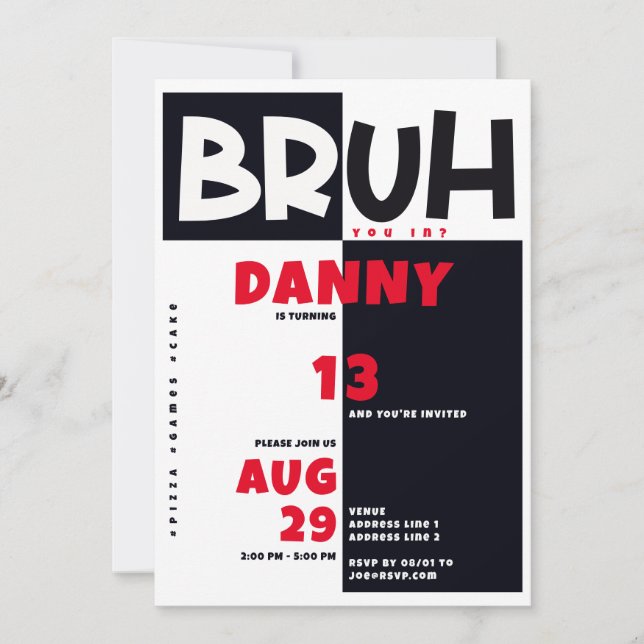 Invitation Bruh Ado Tween adolescents Bold Black Boy Annivers (Devant)