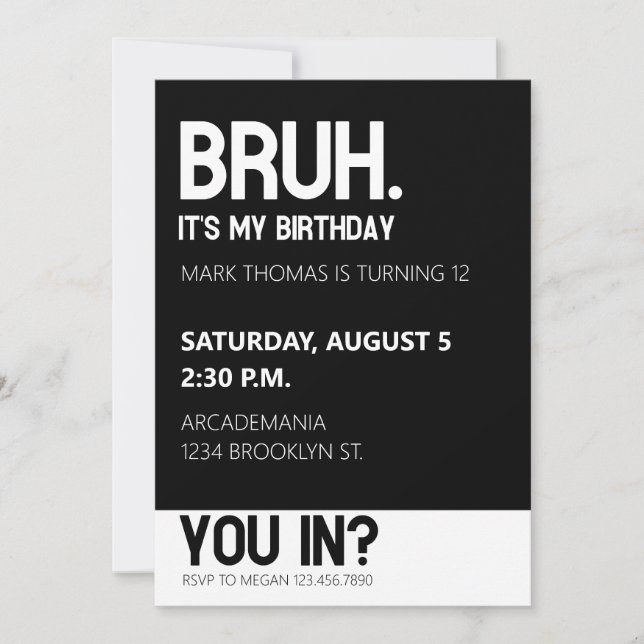 INVITATION BRUH ANNIVERSAIRE ADO GARÇON BLACK WHITE (Devant)