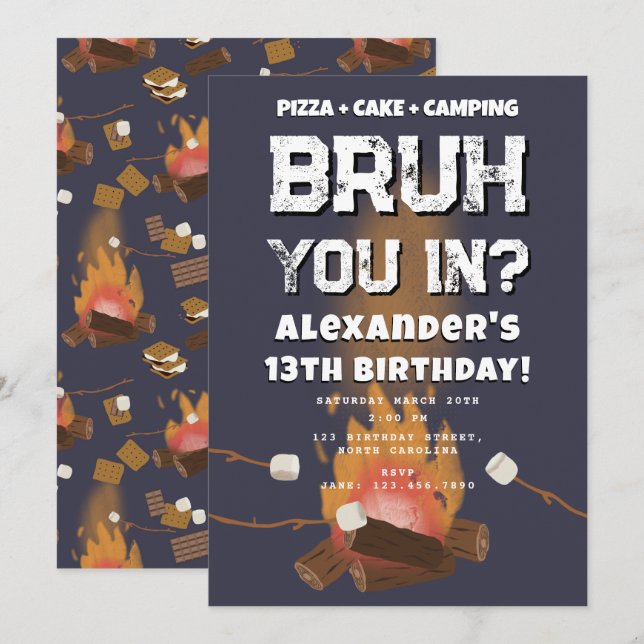 Invitation Bruh Boy Birthday Party Teenager Campfire Camping (Devant / Derrière)