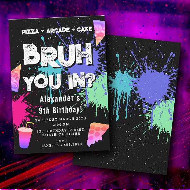 Invitation Bruh Boy's Birthday Neon Graffiti Teenager Pizza (Bruh Boy's Birthday Neon Graffiti Teenager Pizza Invitation)