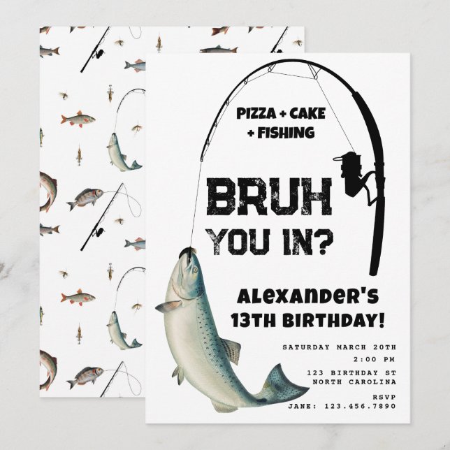 Invitation Bruh Boy's Birthday Party Teenager Fishing (Devant / Derrière)