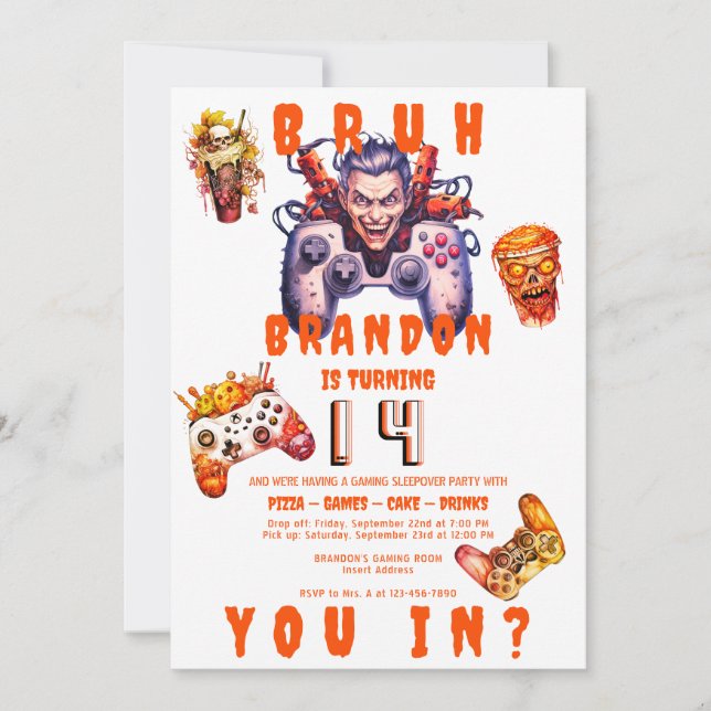 Invitation BRUH Halloween Ado Anniversaire Vidéo Jeu Slepover (Devant)