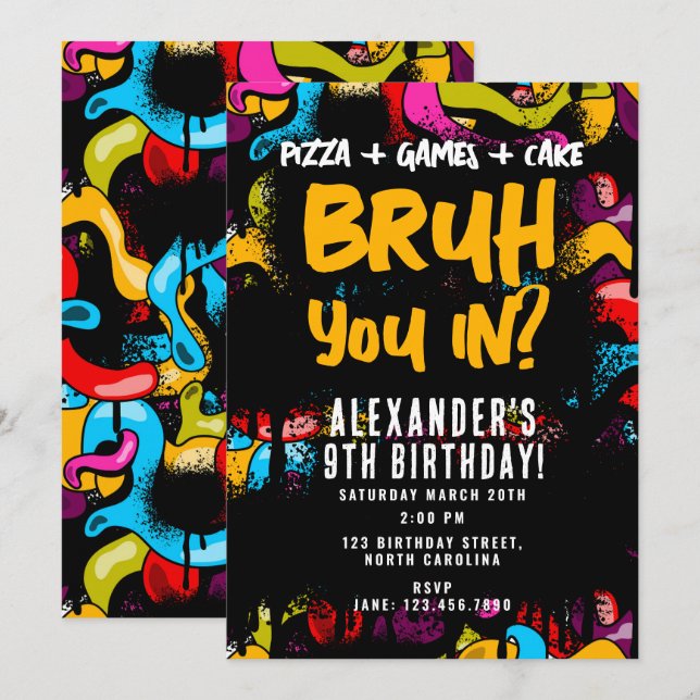 Invitation Bruh Neon Graffiti Hip Hop Street Art Birthday (Devant / Derrière)