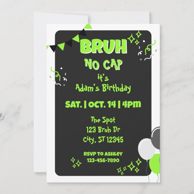 Invitation Bruh No Cap, Black & Green Birthday (Devant)