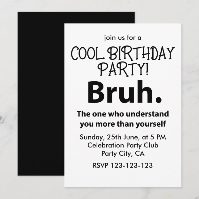 Invitation Bruh Typographie Ado Garçon Anniversaire Bruh (Devant / Derrière)