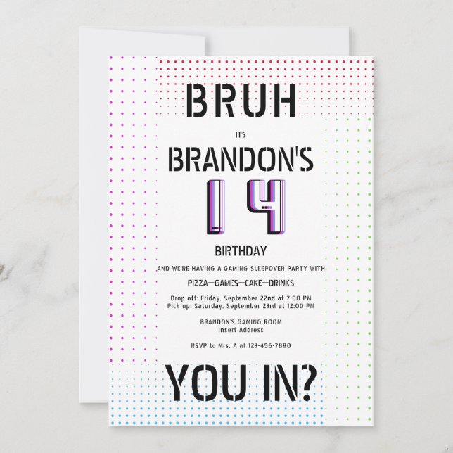 Invitation BRUH YOU IN Ado Boy Anniversaire Vidéo Jeu Sleepov (Devant)