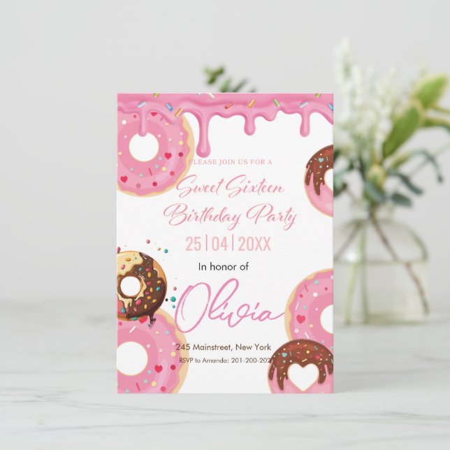 Invitation Bruine rose beignets sweet sixteen anniversaire (Debout devant)