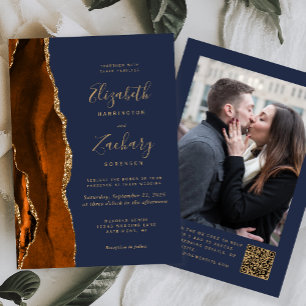 Invitation Brûlé Orange Agate Marine Photo QR Code Mariage