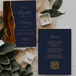 Invitation Brûlé Orange Agate Or Marine Bleu QR Code Mariage