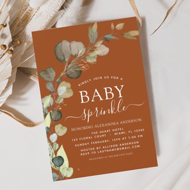 Invitation Brûlé Orange Bébé Sprinkle Douche Eucalyptus (Créateur téléchargé)
