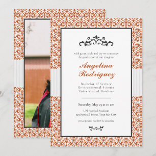 Invitation Brûlé Orange Damask Pattern Photo Graduation