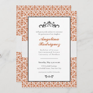 Invitation Brûlé Orange Damask Pattern Photo Graduation