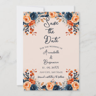 Invitation Brûlé orange et floral de marine Sauvez la date