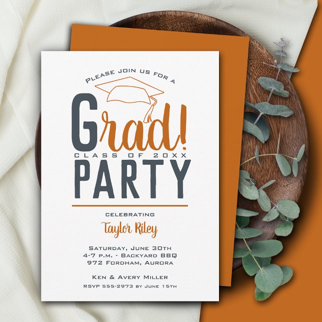 Invitation Brûlé Orange gris foncé fête de graduation (Créateur téléchargé)