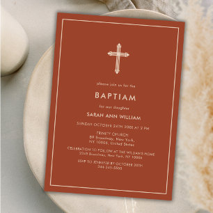Invitation Brûlé Orange Or Typographie Croix Cadre Baptême