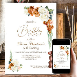 Invitation Brûlé Orange Rose Blanche Floral Anniversaire Brun