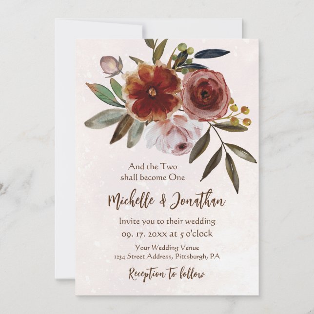 Invitation Brûlé Orange rose Rustique Floral Mariage chrétien (Devant)