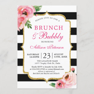 Invitation Brûlure noire rose florale Brunch et mousseux