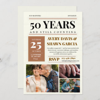 Invitation Brun Beige Simple Grille Journal 50e Anniversaire