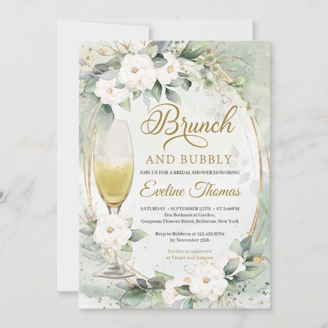 Invitation Brun en or de verre de champagne de roses blanches (Devant)