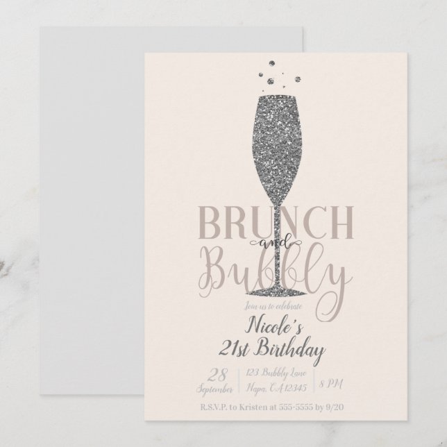 Invitation Brunch au Champagne & Bulles étincelantes d'Argent (Devant / Derrière)