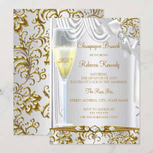 Invitation Brunch au Champagne en soie blanche argent or élég