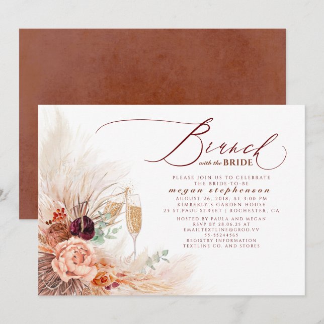 Invitation Brunch avec Fête des mariées mariée Pampas Grass (Devant / Derrière)