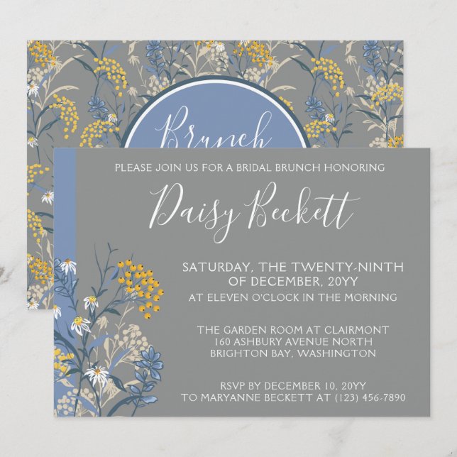 Invitation Brunch Avec La Mariée Botanique Baisy Jaune Marine (Devant / Derrière)