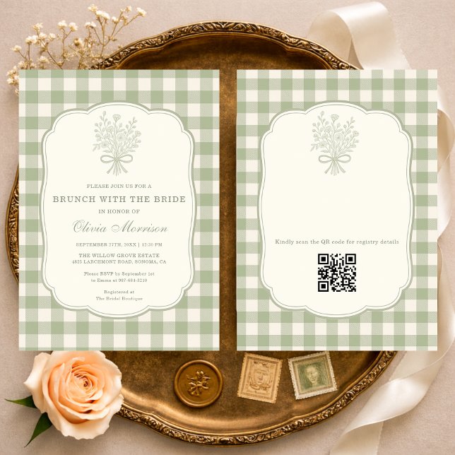 Invitation Brunch avec la mariée Gingham Code QR Shower  (Créateur téléchargé)