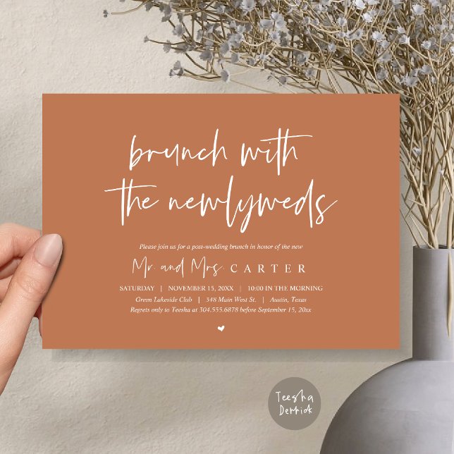 Invitation Brunch avec les jeunes mariés, mariage de poste, e (Brunch with the newlyweds, post wedding elopement invitation card, pdf, in copper rust brown)