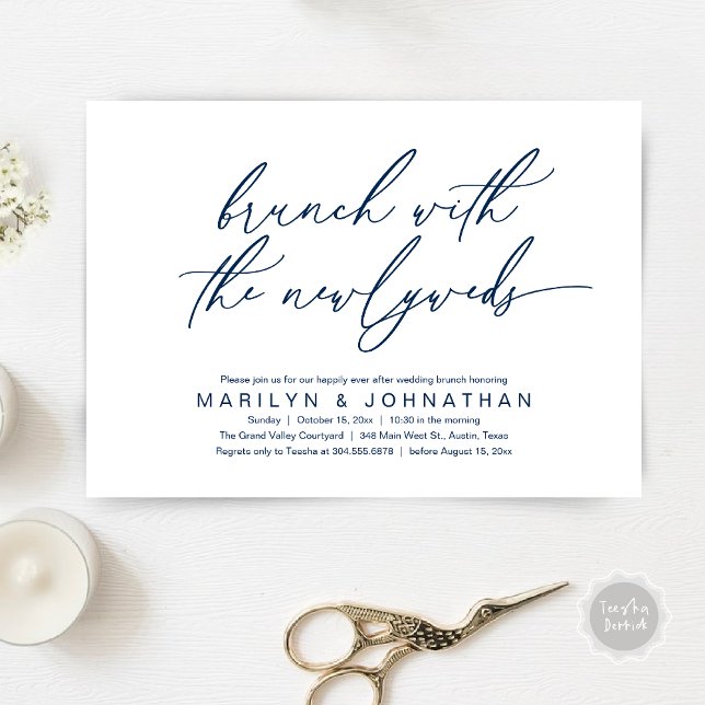 Invitation Brunch Avec Les Nouveaux Mariés, Mariage Post Célé (Brunch With The Newlyweds, Romantic Modern Post Wedding Celebrate Invitation Card PDF Navy Blue)