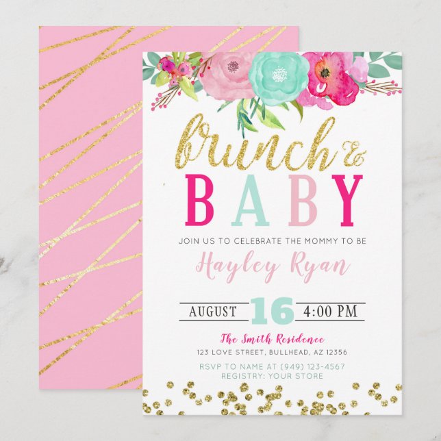 Invitation Brunch & Baby Fleurs d'été Boho Parties scintillan (Devant / Derrière)
