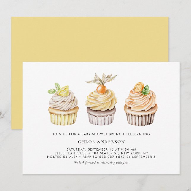 Invitation Brunch Baby shower Berry et Citrus Cupcakes (Devant / Derrière)