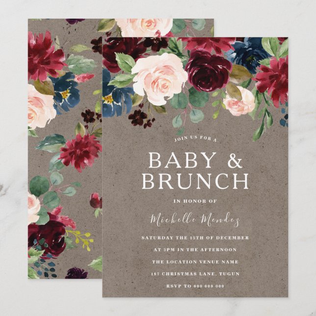 Invitation Brunch Baby shower bourguignon floral rustique (Devant / Derrière)